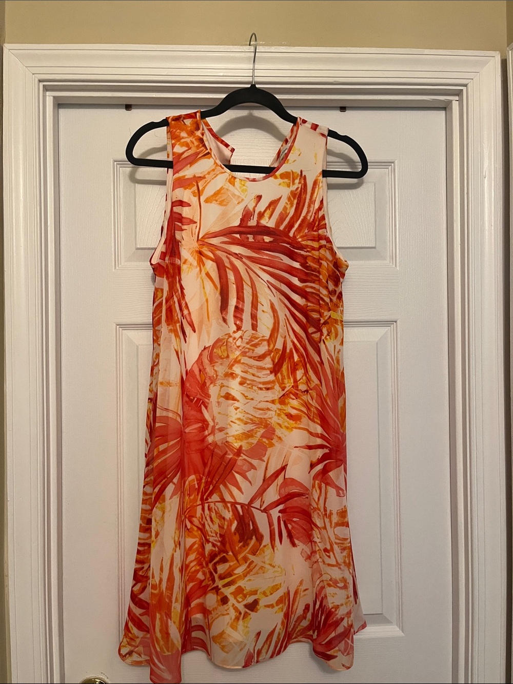 Calvin Klein Orange and White Tropical Print Sleeveless Dress.